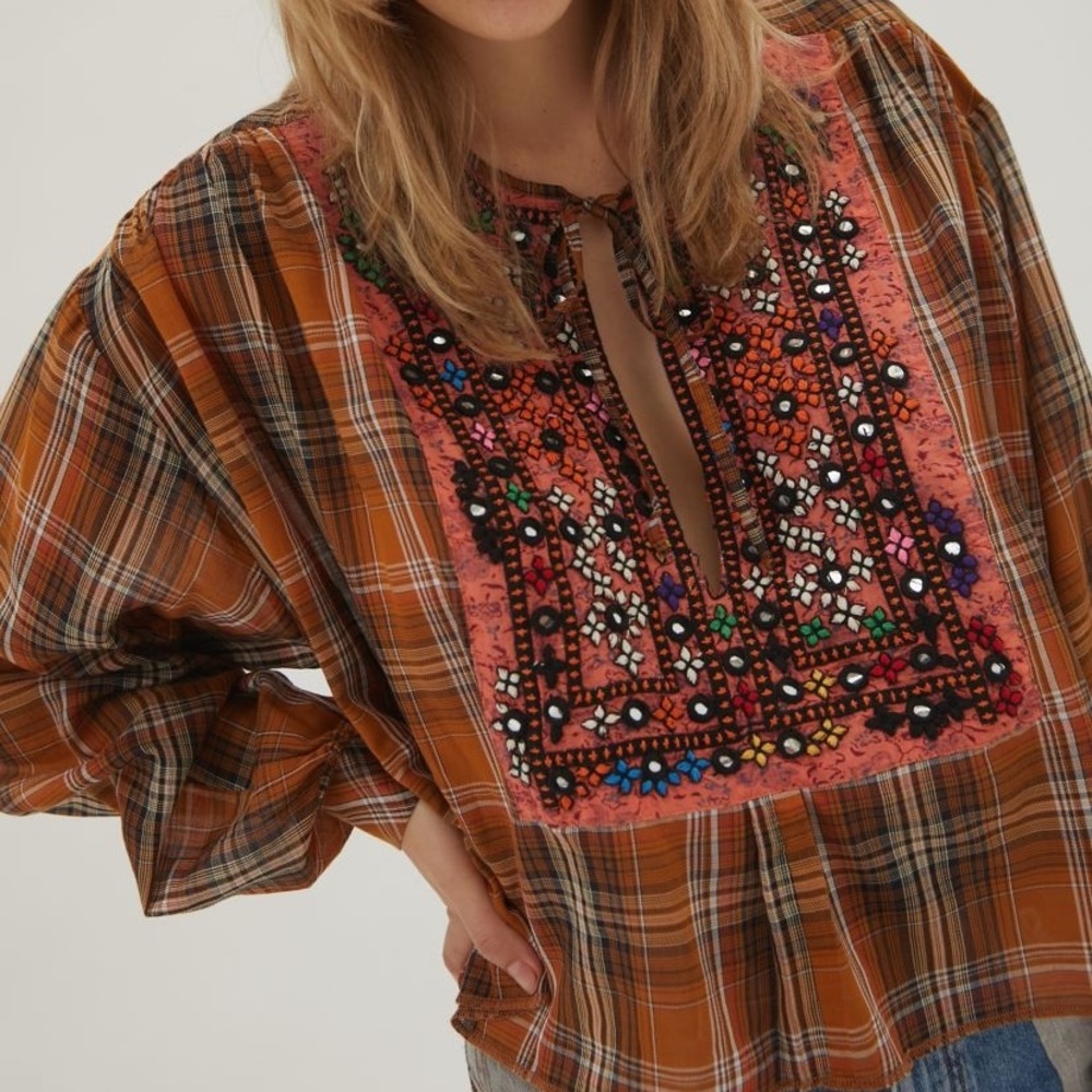UO Kimchi Blue Ryder Embroidered Plaid Top